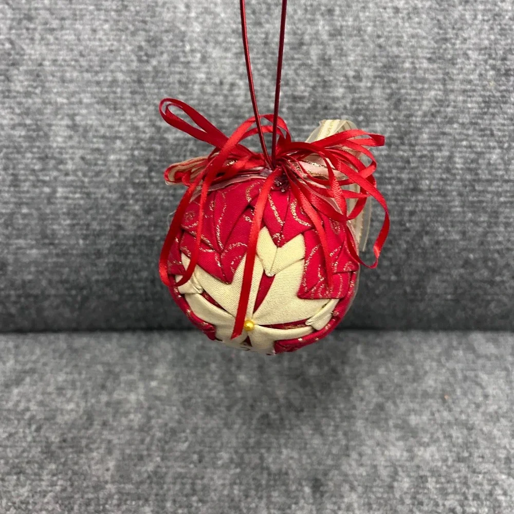 Handmade Quilted Fabric Star Ornament Red Gold Metallic Holiday Christmas Decor